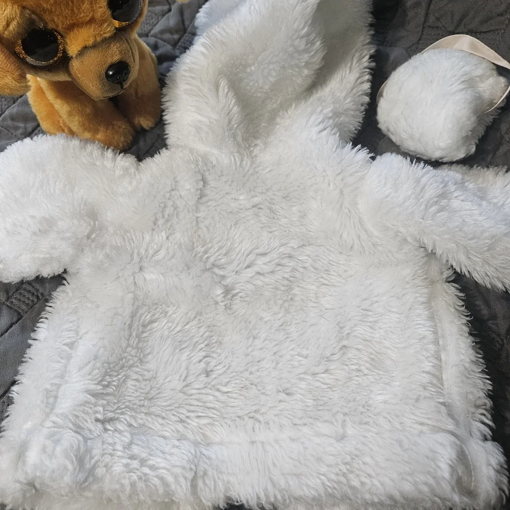 Vintage 1980s White Plush Doll Coat with Hood And Matching Hand Warmer